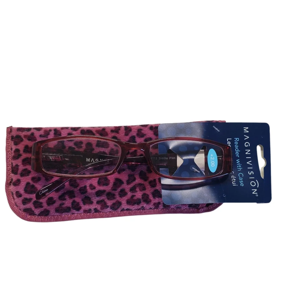 Magnivision +2.00 Reader Glasses With Case Pink Animal Print